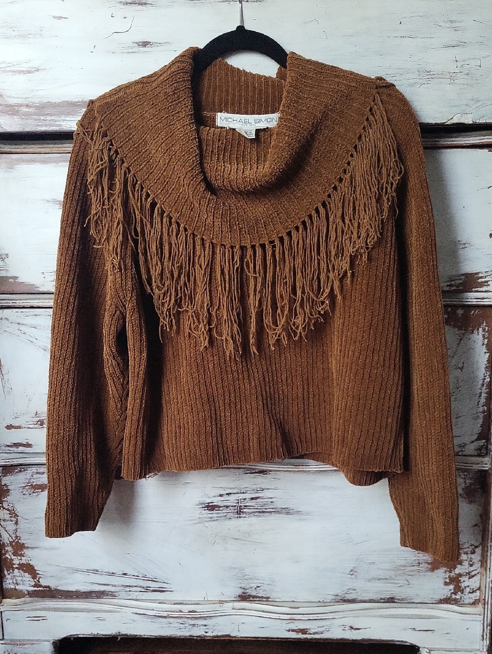 Vintage Michael Simon For Brown Fringe Cowl Neck Sweater